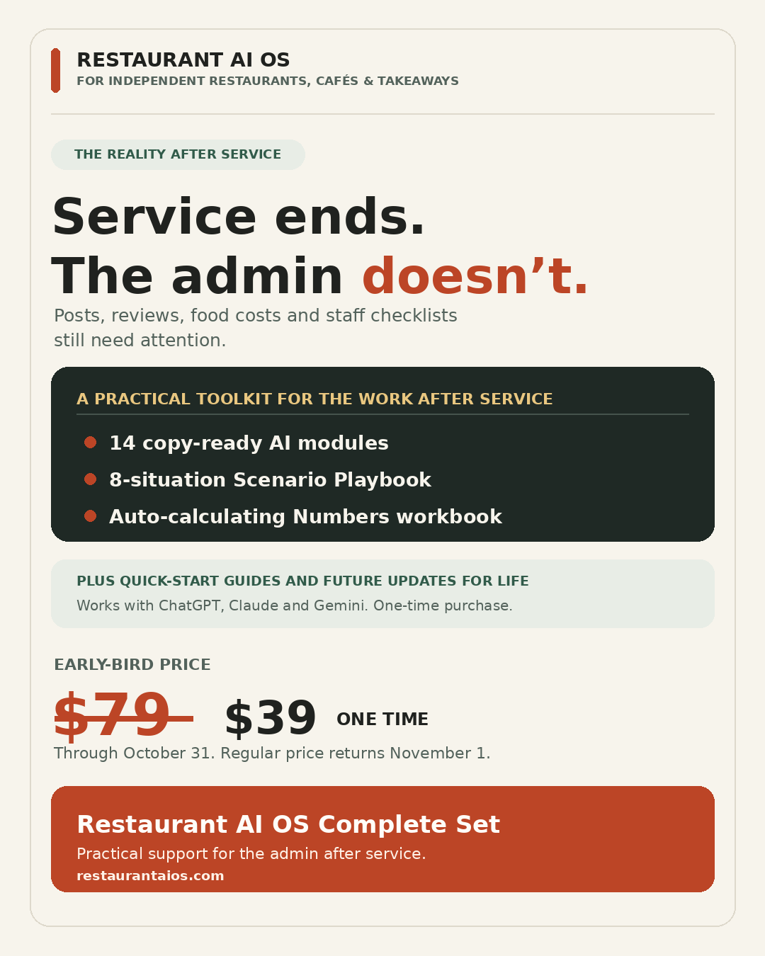Restaurant AI OS — Complete Set early-bird offer, $39 through October 31