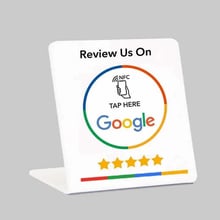 DirectConnect Google Review Stand — a freestanding counter display that customers can tap with a smartphone or scan using the QR code to access a business's Google review page.