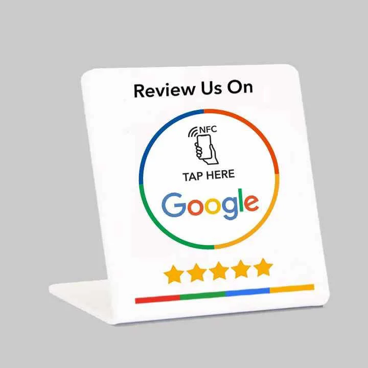DirectConnect Google Review Stand — a freestanding counter display that customers can tap with a smartphone or scan using the QR code to access a business's Google review page.