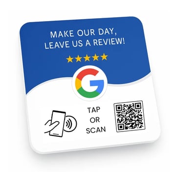 DirectConnect NFC Google Review Tap Card that customers can tap with a smartphone or scan using the QR code to access a business's Google review page.