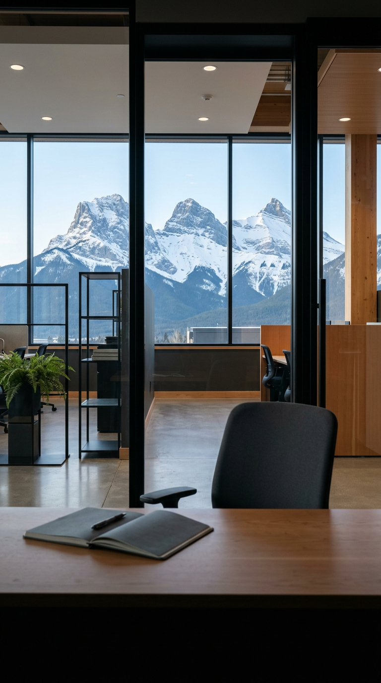 Illustrative Canadian office with snow-covered Rocky Mountain peaks visible through the windows