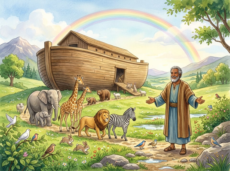 Noah beside the ark with pairs of friendly animals and a rainbow