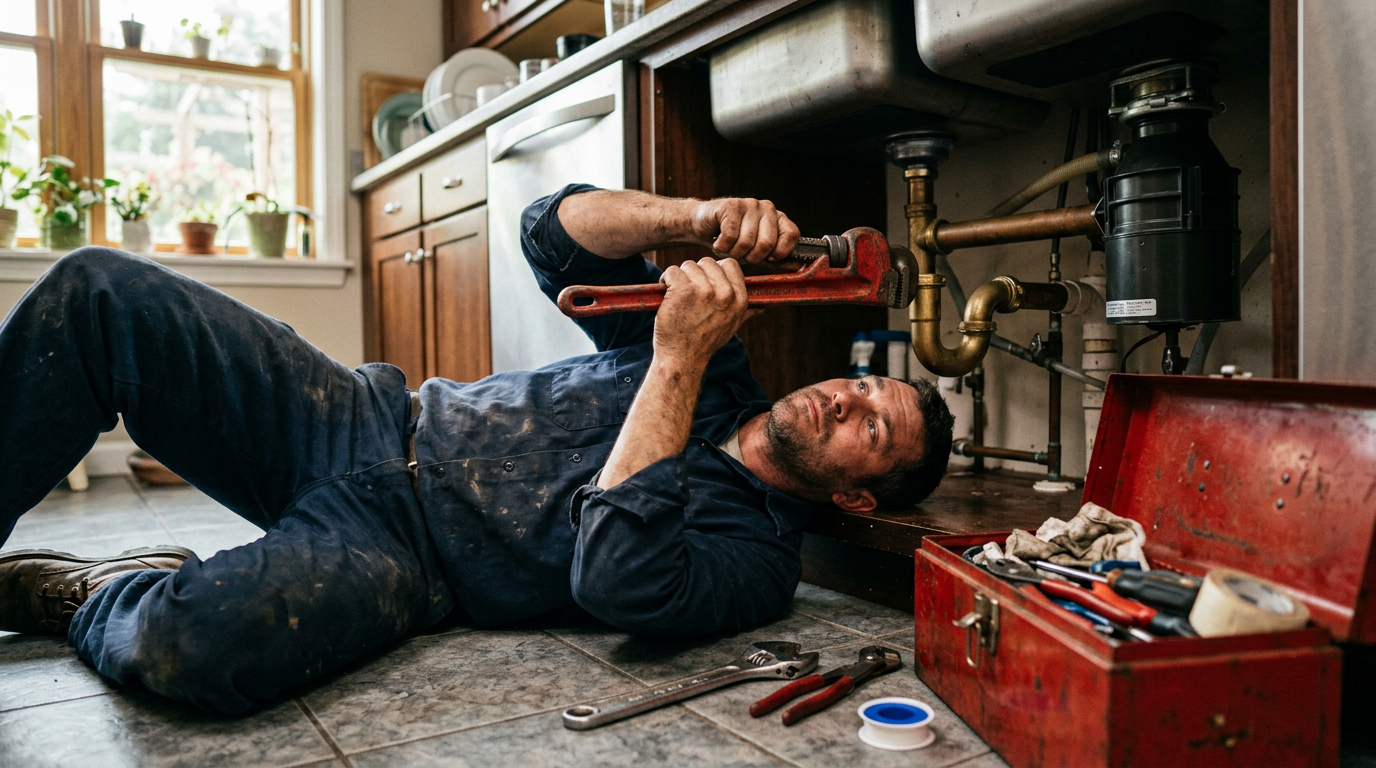 A plumber lying under a kitchen sink, tightening a pipe fitting with a large pipe wrench