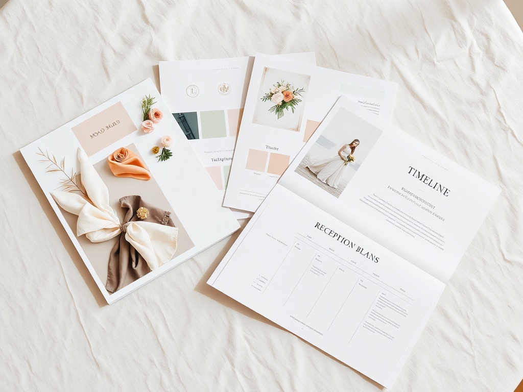 Luxury wedding blueprint pages fanned on linen — mood board, palette, and plan