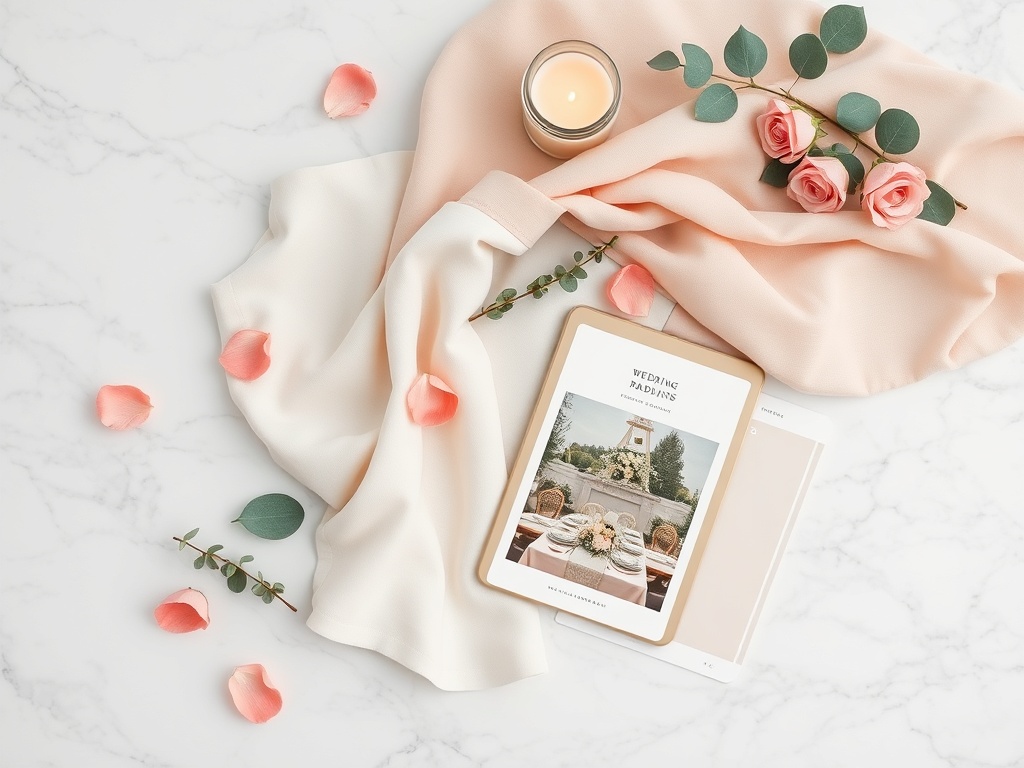 Wedding design mood board with fabric swatches, florals, and palette cards