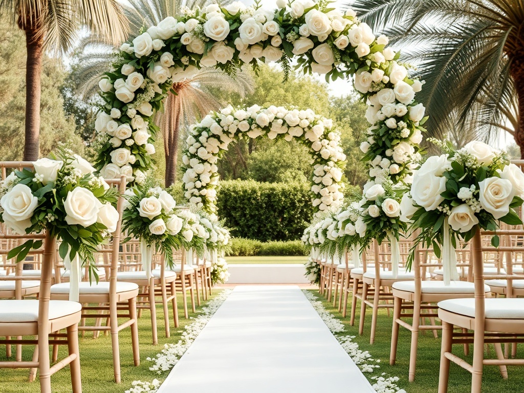 Outdoor wedding ceremony aisle with ivory and sage florals